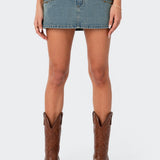 Studded Low Rise Washed Denim Mini Skirt
