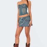 Studded Low Rise Washed Denim Mini Skirt