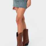Studded Low Rise Washed Denim Mini Skirt