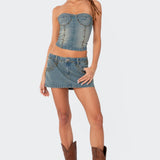 Studded Low Rise Washed Denim Mini Skirt