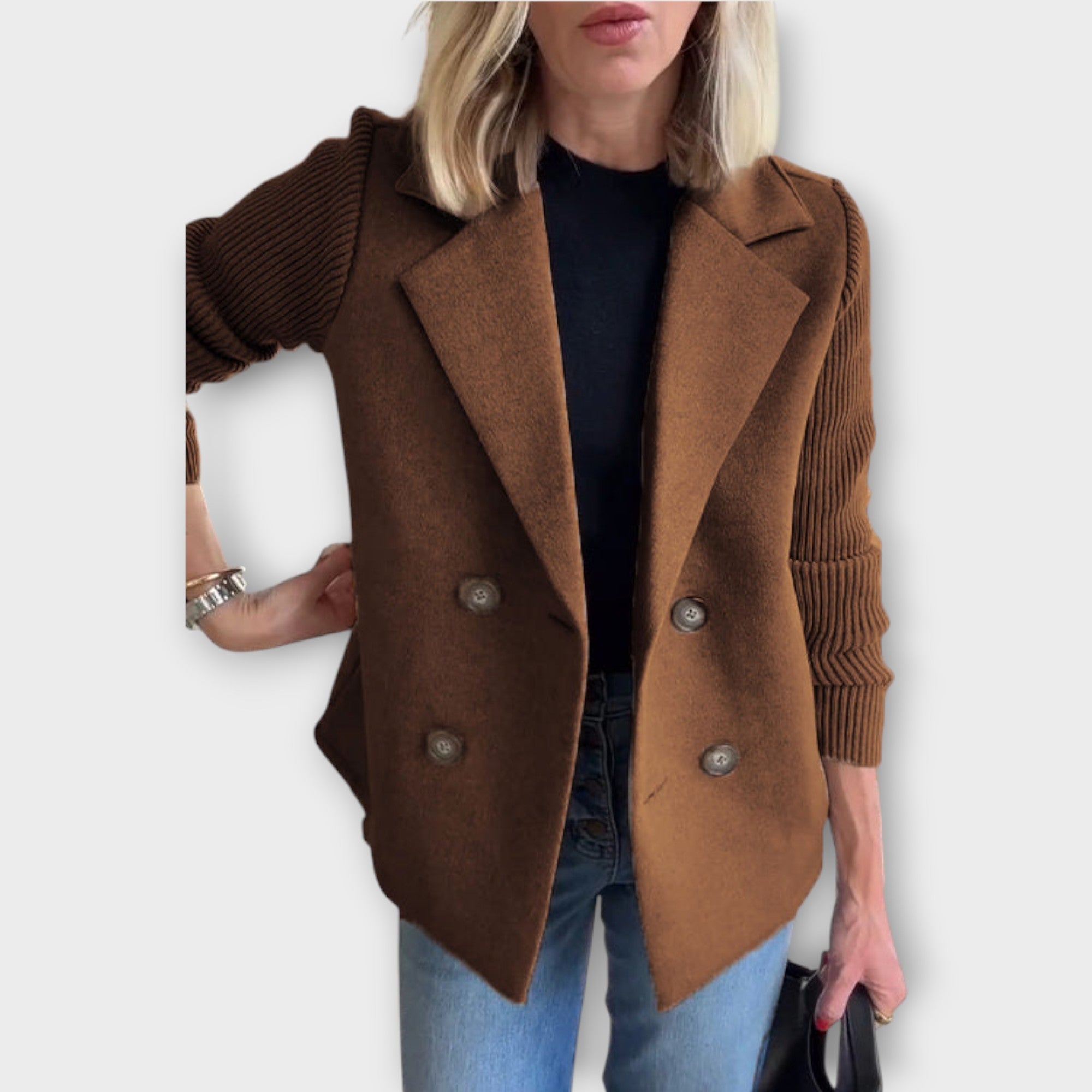 Double-Breasted Knit-Sleeve Blazer