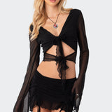 Indigo Tie Front Mesh Crop Top