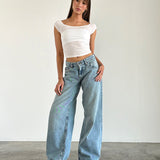 Roomy Extra Wide Low Rise Jeans in Washed Blue Green