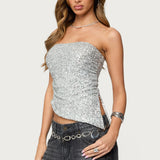 Sequin Asymmetric Slit Strapless Top