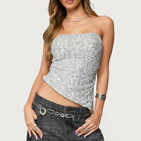 Sequin Asymmetric Slit Strapless Top