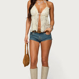Sequin Lace Split Front Backless Top