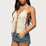 Sequin Lace Split Front Backless Top