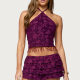 Keyla Bead Fringed Textured Halter Top