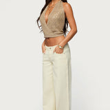 Sequin Crochet Backless Halter Top