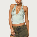 Sequin Plunge Neck Halter Top