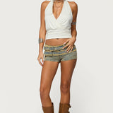 Alyza Distressed Belt Washed Denim Micro Shorts