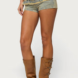 Alyza Distressed Belt Washed Denim Micro Shorts