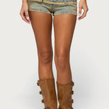 Alyza Distressed Belt Washed Denim Micro Shorts