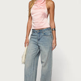 Satin Effect Backless Cowl Neck Top