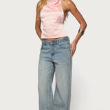 Satin Effect Backless Cowl Neck Top