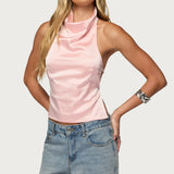 Satin Effect Backless Cowl Neck Top