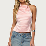 Satin Effect Backless Cowl Neck Top