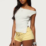 Myrah Asymmetric Off Shoulder Ribbed Knit Top