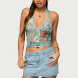 Catie Printed Mesh Halter Top