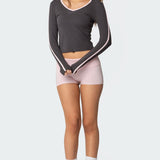 Contrast V Neck Long Sleeve T Shirt
