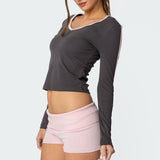 Contrast V Neck Long Sleeve T Shirt