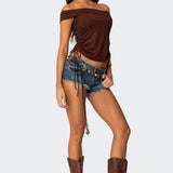 Studded Low Rise Denim Micro Shorts
