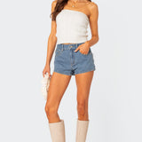Bow Pocket Washed Denim Shorts