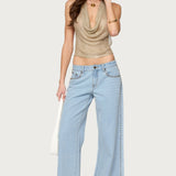 Shiny Knit Cowl Neck Backless Top