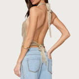 Shiny Knit Cowl Neck Backless Top