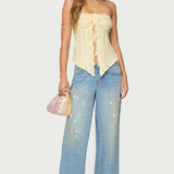 Textured Ruffle Split Front Strapless Top