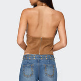 Xaria Studded Faux Suede Halter Top