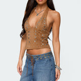 Xaria Studded Faux Suede Halter Top