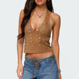 Xaria Studded Faux Suede Halter Top