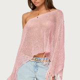 Sequin Fringe Knit Poncho