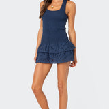 Scrunchy Ruffled Eyelet Mini Dress