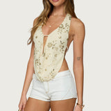 Beaded Chiffon Backless Cowl Neck Top