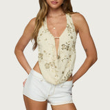 Beaded Chiffon Backless Cowl Neck Top