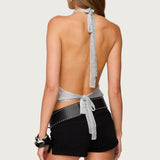 Shiny Knit Cowl Neck Backless Top