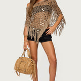 Fringe Sequin Crochet Poncho