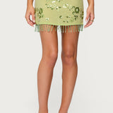 Sheer Sequin Bead Fringed Mini Skirt