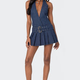 Belted Pinstripe Denim Mini Dress