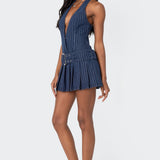 Belted Pinstripe Denim Mini Dress