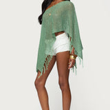 Sequin Fringe Knit Poncho
