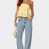 Linen Look Strapless Peplum Top