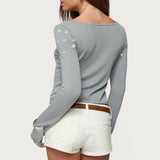 Iridescent Button Boat Neck Top