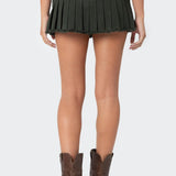 Double Belt Pleated Denim Micro Skort