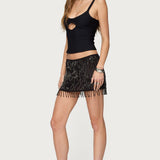 Sheer Sequin Bead Fringed Mini Skirt