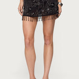 Sheer Sequin Bead Fringed Mini Skirt