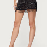 Sheer Sequin Bead Fringed Mini Skirt