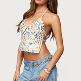 Embroidered Sequin Backless Top